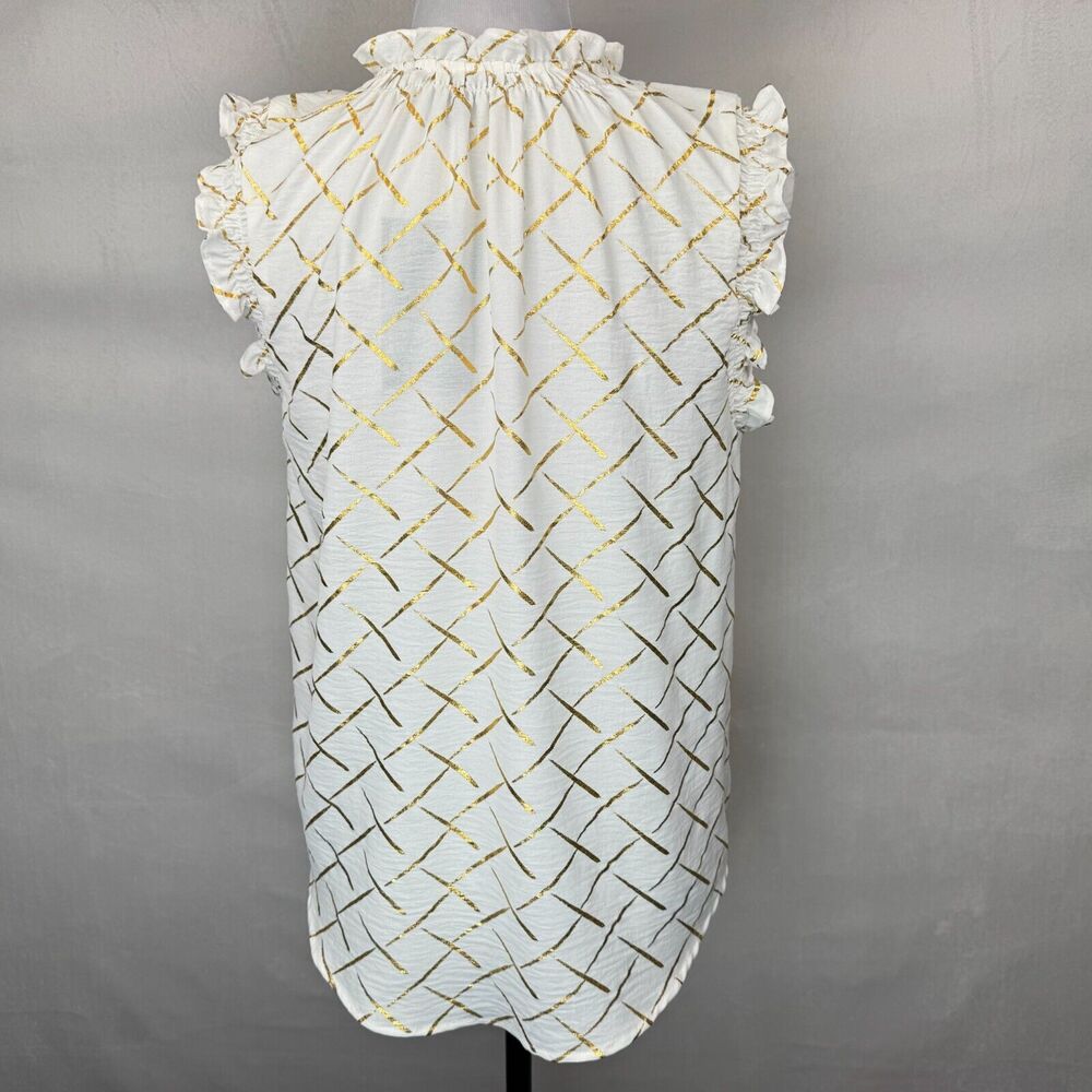 Como Black Ladies Sz S Blouse White Gold Print ruched round neck keyhole - Picture 4 of 7